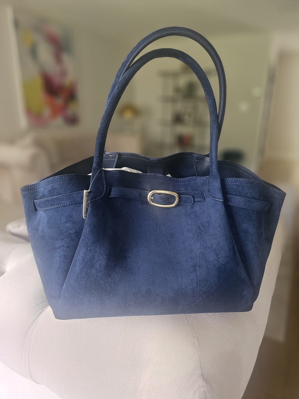 Old Navy Navy Suede Tote with Gold Buckle